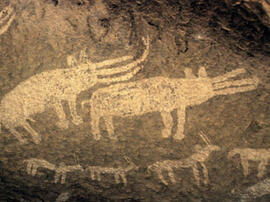 
Des peintures rupestres d'Afrique Australe. Angola. Figures exceptionnelles du site Majole, où des éléphants sont représentés à de nombreuses reprises
