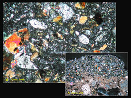 
Chaîne d'observations microscopiques : un outil pour la recherche. Images numériques. Micromorphologie. A : sol d'occupation couvert d'une poudre provenant du polissage d'une pierre diabasique (lumière croisée, x20). B : composition minéralogique majoritairement olivine et pyroxène (lumière croisée, x100) . Khirokitia (Chypre). Néolithique (~ 8200 – 7000 14C BP). Microscope pétrographique
