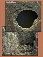 
Chaîne d'observations microscopiques : un outil pour la recherche. Images numériques. Tracéologie lithique. En haut : perforation d'un palet en schiste (possible peson) avec déformation due au passage d'un lien. En bas : cupule de percussion d'un palet en schiste (possible peson). Paule « le Camp de Saint-Symphorien » (Côtes d'Àrmor, France). Âge du Fer. Microscope stéréoscopique (x10)
