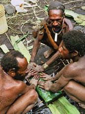 
Du sel et des hommes : approches ethnoarchéologiques. La Nouvelle-Guinée. Après avoir été réduites en poudre, les concrétions salées sont humidifiées et agglomérées en pains cylindriques chez les Moni ou quadrangulaires chez les Dani
