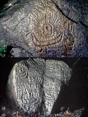 
Un parcours océanien en images. Hommage à José Garanger (1926-2006). Les premiers travaux. Pétroglyphes des falaises du Pari, Tahiti (presqu'île de Tautira), masque de prêtre (en haut) et ensemble de masques de prêtres (en bas)
