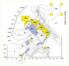 
Gontsy (Ukraine), un site à cabanes en os de mammouths du paléolithique supérieur récents. Plan des anciennes et nouvelles fouilles (1873-1981) et des nouvelles fouilles (1993-2007). Emplacement des Hangars n°1 (VIa) et n°2 (zone VId)
