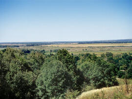 
Gontsy (Ukraine), un site à cabanes en os de mammouths du paléolithique supérieur récents. Vue du versant et de la rivière pris au début de la ravine
