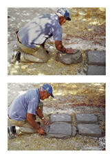 
Reconstitution de l'habitat néolithique à Khirokitia (Chypre). Fabrication traditionnelle d'une brique sans moule : le maçon commence par couvrir la surface de travail de paille hachée puis il aplatit une motte de terre à bâtir et découpe un carré avec un objet tranchant
