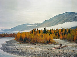 
La tombe d'un prince scythe (Kazakhstan), vallée de la Bukhtarma. À l'automne, les vallées de l'Altaï occidental connaissent un bref « été indien » qui dore le feuillage des peupliers et les aiguilles des mélèzes. Des bancs de brume s'étalent sur les eaux basses de la Bukhtarma qui s'écoulent vers l'ouest. La Bukhtarma est la seule voie de communication du massif de l'Altaï avec les steppes du côté occidental
