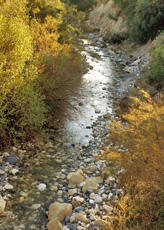 
Reconstitution de l'habitat néolithique à Khirokitia (Chypre). La rivière du Maroni, au pied de la colline
