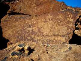
Des peintures rupestres d'Afrique Australe. Namibie. Toujours au nord-ouest de la Namibie on trouve un important site d'art rupestre, il s'agit dans leur grande majorité de gravures rupestres. Aspect de la région de Twyfelfontein
