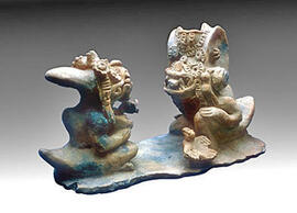 
Trois millénaires de civilisation entre Colombie et Equateur. La région de la Tumaco La Tolita. Vestiges matériels. Scène avec deux chamanes (phase Tumaco La Tolita). Musée de la céramique, Bogota
