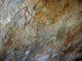 
Des peintures rupestres d'Afrique Australe. Botswana. Un animal d'identification difficile a été peint en bleu
