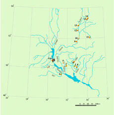 
Gontsy (Ukraine), un site à cabanes en os de mammouths du paléolithique supérieur récents. Carte des habitats à cabanes en os de mammouths et des sites saisonniers du Paléolithique supérieur récent du bassin moyen et supérieur du Dniepr
