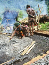 
Du sel et des hommes : approches ethnoarchéologiques. La Nouvelle-Guinée. Après combustion, les petites concrétions salées sont triées minutieusement une par une, parmi les charbons de bois et la cendre
