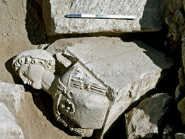
"Dharih" Une étape nabatéenne au nord de Pétra (Jordanie). Stucs et stèles, figures et cornes. Statue en haut-relief, tombée de la façade, de 12 m de hauteur, vers 750 p. C. Intacte car tombée sur des vaches
